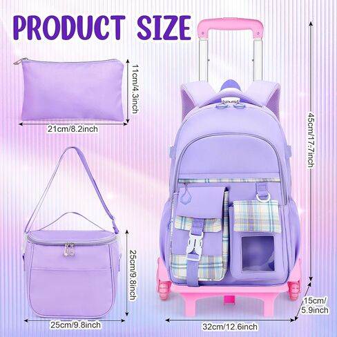 Girls Rolling Backpack with Lunch Bag and Pencil Case, 3 in 1 Trolley School Backpack Set for Kids Ages 6-12, Wheeled Bookbag for Elementary School, Purple Backpack with Wheels for Girls in Saudi Arabia