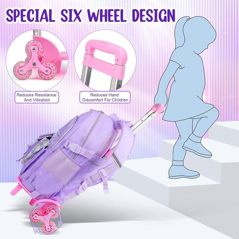 Girls Rolling Backpack with Lunch Bag and Pencil Case, 3 in 1 Trolley School Backpack Set for Kids Ages 6-12, Wheeled Bookbag for Elementary School, Purple Backpack with Wheels for Girls in Saudi Arabia
