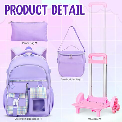 Girls Rolling Backpack with Lunch Bag and Pencil Case, 3 in 1 Trolley School Backpack Set for Kids Ages 6-12, Wheeled Bookbag for Elementary School, Purple Backpack with Wheels for Girls in Saudi Arabia