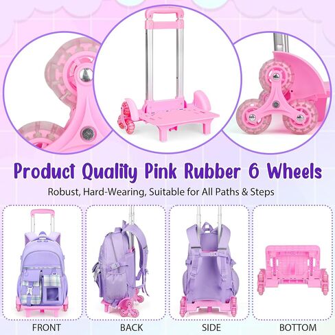 Girls Rolling Backpack with Lunch Bag and Pencil Case, 3 in 1 Trolley School Backpack Set for Kids Ages 6-12, Wheeled Bookbag for Elementary School, Purple Backpack with Wheels for Girls in Saudi Arabia