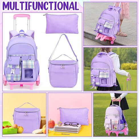 Girls Rolling Backpack with Lunch Bag and Pencil Case, 3 in 1 Trolley School Backpack Set for Kids Ages 6-12, Wheeled Bookbag for Elementary School, Purple Backpack with Wheels for Girls in Saudi Arabia