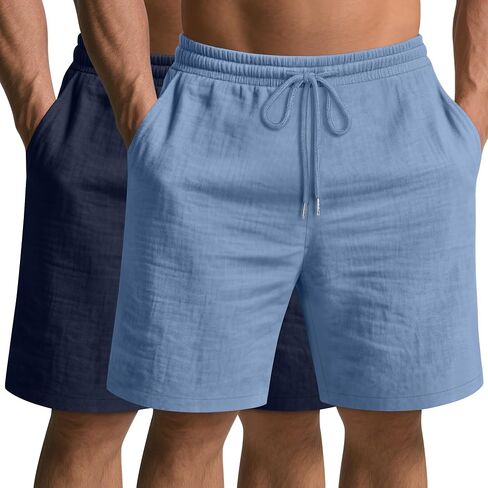 Ficerd 2 Pack Cotton Linen Big and Tall Shorts for Men Drawstring Elastic Waist 7" Summer Beach Bermuda with Pockets in Saudi Arabia
