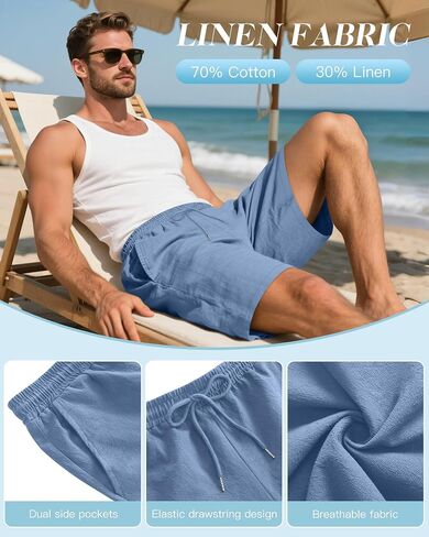 Ficerd 2 Pack Cotton Linen Big and Tall Shorts for Men Drawstring Elastic Waist 7" Summer Beach Bermuda with Pockets in Saudi Arabia