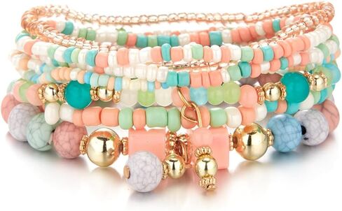 8Pcs Bohemian Stackable Beaded Bracelets Set for Women,Handmade Layered Strand Bead Bracelets, Boho Crystal Elastic Stretch Bracelets for Women in Kuwait