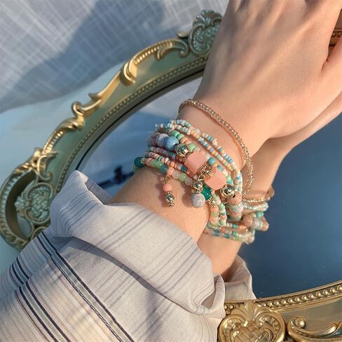 8Pcs Bohemian Stackable Beaded Bracelets Set for Women,Handmade Layered Strand Bead Bracelets, Boho Crystal Elastic Stretch Bracelets for Women in Kuwait