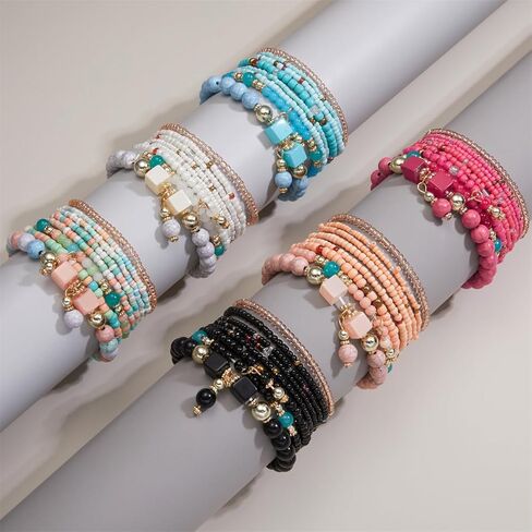 8Pcs Bohemian Stackable Beaded Bracelets Set for Women,Handmade Layered Strand Bead Bracelets, Boho Crystal Elastic Stretch Bracelets for Women in Kuwait