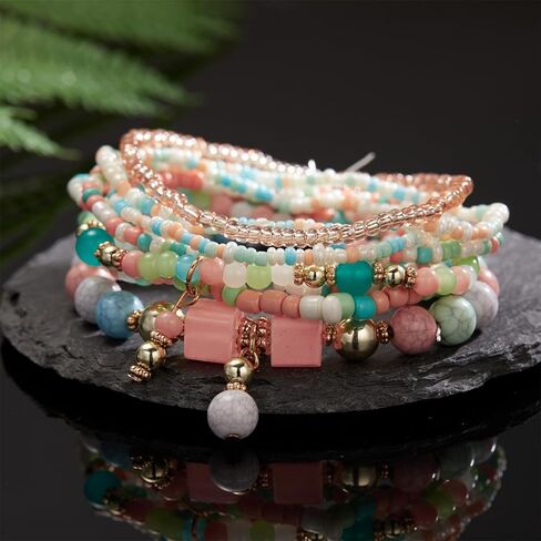 8Pcs Bohemian Stackable Beaded Bracelets Set for Women,Handmade Layered Strand Bead Bracelets, Boho Crystal Elastic Stretch Bracelets for Women in Kuwait