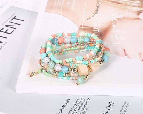 8Pcs Bohemian Stackable Beaded Bracelets Set for Women,Handmade Layered Strand Bead Bracelets, Boho Crystal Elastic Stretch Bracelets for Women in Kuwait
