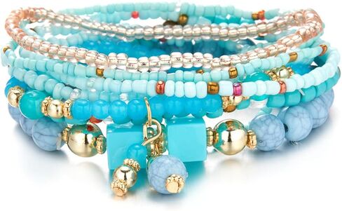8Pcs Bohemian Stackable Beaded Bracelets Set for Women,Handmade Layered Strand Bead Bracelets, Boho Crystal Elastic Stretch Bracelets for Women in Kuwait