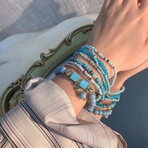 8Pcs Bohemian Stackable Beaded Bracelets Set for Women,Handmade Layered Strand Bead Bracelets, Boho Crystal Elastic Stretch Bracelets for Women in Kuwait