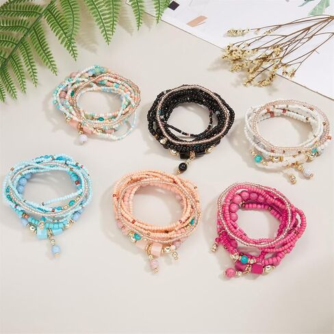 8Pcs Bohemian Stackable Beaded Bracelets Set for Women,Handmade Layered Strand Bead Bracelets, Boho Crystal Elastic Stretch Bracelets for Women in Kuwait