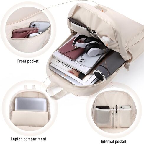 HOMIEE Lightweight Casual Laptop Backpack Fits 15.6 Inch Computer, Water-Resistant Small Daypack Cute Unisex Bookbag for College Work Travel, Beige in Saudi Arabia