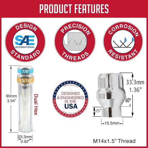 Wheel Accessories Parts Set of 20 Lug Nut Small Diameter Narrow Extended Thread (ET) Spline Lug Nut Kit (Black, M14x1.50) - Fits Dodge Durango, Toyota Tundra, Jeep Grand Cherokee in Saudi Arabia