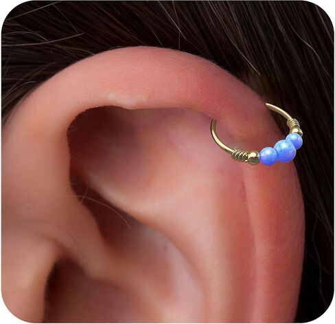 Gold cartilage earring Opal – 14K Gold Filled Helix Piercing Ring For Woman – 24G 8mm Ring 3mm + 2x 2mm Fire White Opal – Cute GIFT For Birthday Mother's Day anniversary in Saudi Arabia