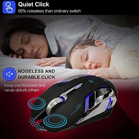 VEGCOO Wireless Gaming Mouse, C8 Silent Click Wireless Rechargeable Mouse with Colorful LED Lights and 2400/1600/1000 DPI for Laptop and Computer (C8N Black) in Kuwait