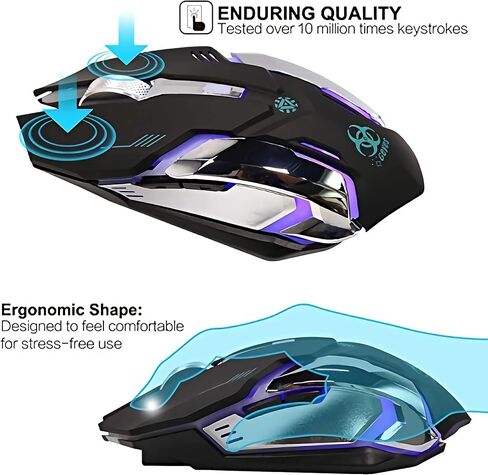 VEGCOO Wireless Gaming Mouse, C8 Silent Click Wireless Rechargeable Mouse with Colorful LED Lights and 2400/1600/1000 DPI for Laptop and Computer (C8N Black) in Kuwait