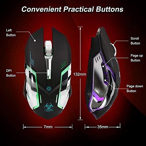 VEGCOO Wireless Gaming Mouse, C8 Silent Click Wireless Rechargeable Mouse with Colorful LED Lights and 2400/1600/1000 DPI for Laptop and Computer (C8N Black) in Kuwait