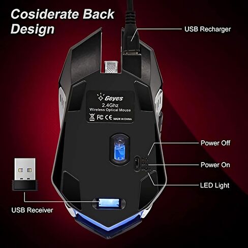 VEGCOO Wireless Gaming Mouse, C8 Silent Click Wireless Rechargeable Mouse with Colorful LED Lights and 2400/1600/1000 DPI for Laptop and Computer (C8N Black) in Kuwait