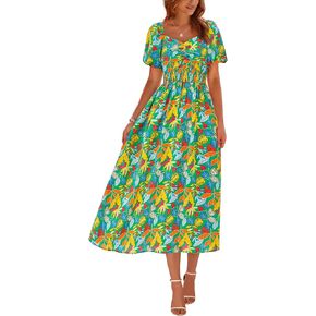 Okiwam Womens Summer Dresses 2025 Spring Floral Maxi Sundress Puff Sleeve Smocked Flowy Beach Vacation Dress