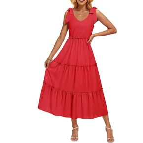 ZESICA Women's 2025 Summer Boho Casual V Neck Sleeveless Midi Dresses Tie Shoulder Flowy Tiered A Line Beach Long Sundress