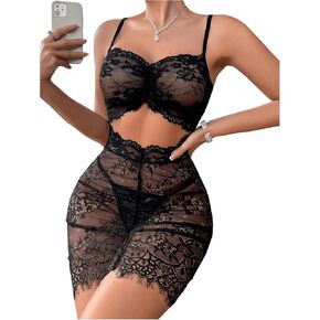 WDIRARA Women's 2 Piece Floral Lace Lingerie Set Ruched Cut Out Bow Front Nightdress Low Rise Thong Sets