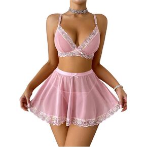 MakeMeChic Women's 3 Piece Lingerie Outfit Floral Lace V Neck Bra and Mesh Sheer Mini Skirt Set