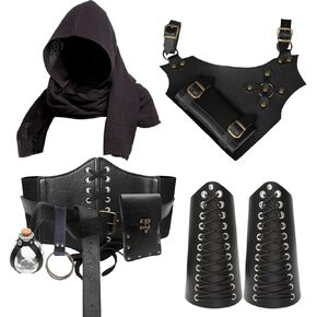 Renaissance Medieval Belt Costume Accessories with Cape - Leather Belt Pouch Scabbards Bracers Set for LARP & Cosplay