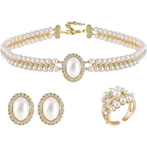 Pearl Choker Necklaces For Women Faux Pearl Costume Jewelry Set with Necklace, Earrings, Ring for Wedding Bridal Birthday Party