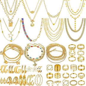 KOSMOS-LI 49 PCS Gold Plated Jewelry Sets with 8 PCS Necklace, 10 PCS Bracelet, 11 Pair Ear Hoop Earring, 22 PCS Knuckle Rings for Women