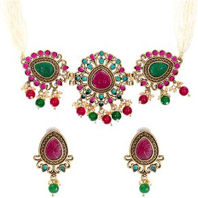 Bodha Traditional Indian Matte Antique Gold Plated Kundan,CZ, Studded Choker Necklace with Matching Earring Jewelry Set For Women-(SJN_251_P)