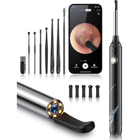 Ear Wax Removal, Ear Cleaner with Camera and Light, Ear Cleaning Kit with 7 Pcs Set,Ear Camera with 1080P, Earwax Removal Kit with 6 Ear Picks, Otoscope for iOS and Android (Black)