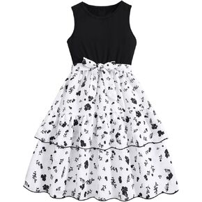 Oyoangle Girl's Boho Ploral Print Tank Dress Bow Bow Bowted Bleted Choled Hend A Line Midi Dresses
