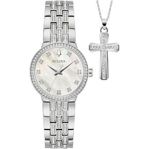 صندوق الفولاذ المقاوم للصدأ من Bulova للسيدات مع DIAL أبيض من Pearl-مراقبة الكوارتز ثلاثية و CROSS CRISTAL PENDANT ، نمط 30 مم: 96x163