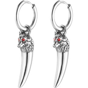 HZMAN Wolf Tooth Dangle Drop Earring for Men Stainless Steel Gothic Animal Earring Hinged Huggie Hoop Earring Jewelry Gift