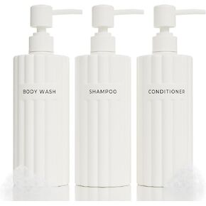 Stylish Shampoo and Conditioner Dispenser Set of 3 - Modern 21oz Shower Soap Bottles with Pump and Labels - Easy to Refill Body Wash Dispensers for an Instant Bathroom Decor Upgrade