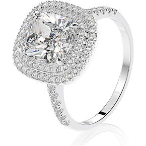 Luxury 925 Sterling Silver Double Layer Cubic Zirconia Princess Cut Ring Square Simulation Diamond Ring Promise Halo Engagement Wedding Band Ring for Women Size 6-10