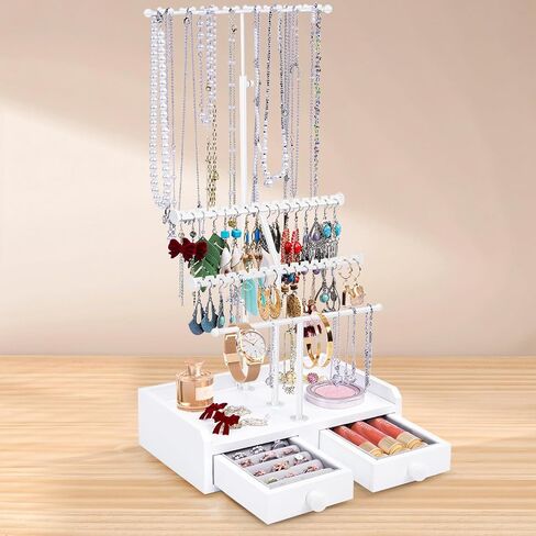 Jewelry Organizer Stand, 23" Adjustable Jewelry Holder with Wooden Storage Box, Sturdy Jewelry Hanger Display Tree for Stud Earring Bracelet Necklace Ring Watches (Gold + White) in Saudi Arabia
