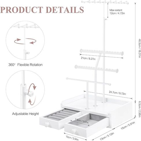 Jewelry Organizer Stand, 23" Adjustable Jewelry Holder with Wooden Storage Box, Sturdy Jewelry Hanger Display Tree for Stud Earring Bracelet Necklace Ring Watches (Gold + White) in Saudi Arabia