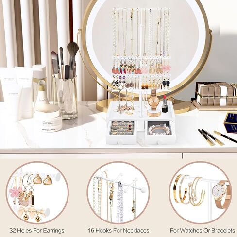Jewelry Organizer Stand, 23" Adjustable Jewelry Holder with Wooden Storage Box, Sturdy Jewelry Hanger Display Tree for Stud Earring Bracelet Necklace Ring Watches (Gold + White) in Saudi Arabia