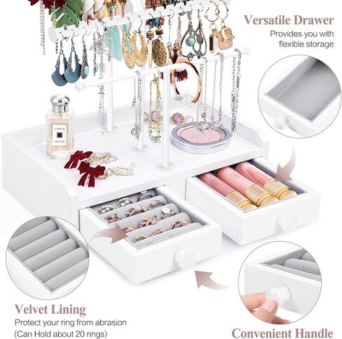 Jewelry Organizer Stand, 23" Adjustable Jewelry Holder with Wooden Storage Box, Sturdy Jewelry Hanger Display Tree for Stud Earring Bracelet Necklace Ring Watches (Gold + White) in Saudi Arabia