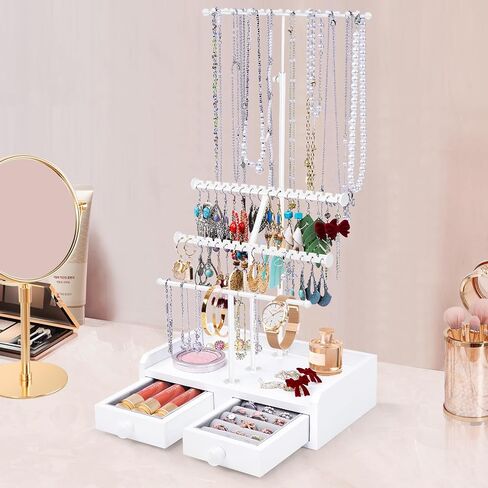 Jewelry Organizer Stand, 23" Adjustable Jewelry Holder with Wooden Storage Box, Sturdy Jewelry Hanger Display Tree for Stud Earring Bracelet Necklace Ring Watches (Gold + White) in Saudi Arabia