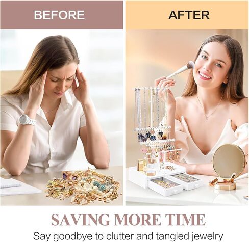 Jewelry Organizer Stand, 23" Adjustable Jewelry Holder with Wooden Storage Box, Sturdy Jewelry Hanger Display Tree for Stud Earring Bracelet Necklace Ring Watches (Gold + White) in Saudi Arabia