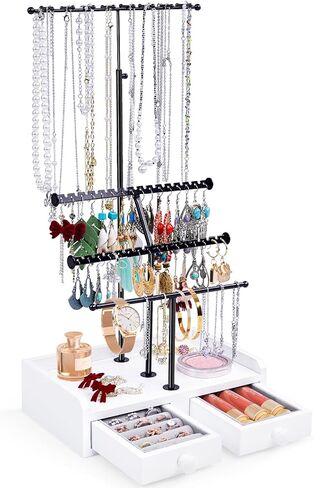 Jewelry Organizer Stand, 23" Adjustable Jewelry Holder with Wooden Storage Box, Sturdy Jewelry Hanger Display Tree for Stud Earring Bracelet Necklace Ring Watches (Gold + White) in Saudi Arabia