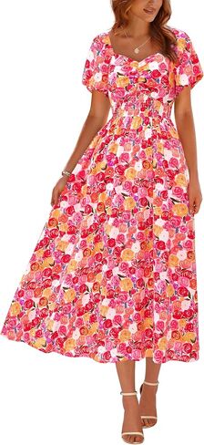 Okiwam Womens Summer Dresses 2025 Spring Floral Maxi Sundress Puff Sleeve Smocked Flowy Beach Vacation Wedding Guest Dress in Saudi Arabia