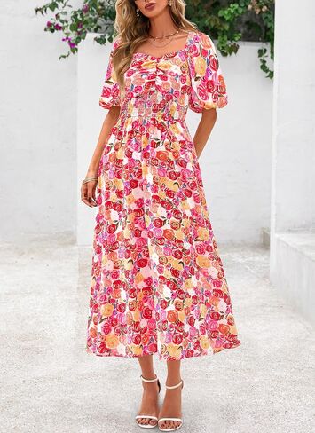 Okiwam Womens Summer Dresses 2025 Spring Floral Maxi Sundress Puff Sleeve Smocked Flowy Beach Vacation Wedding Guest Dress in Saudi Arabia