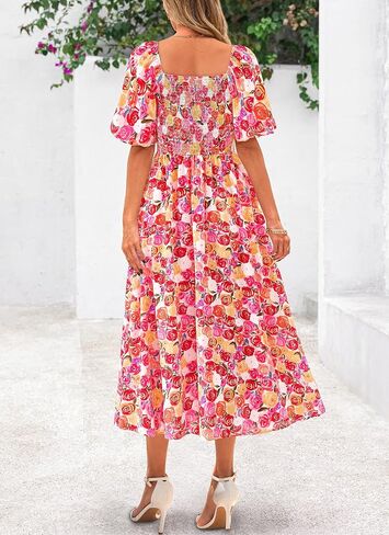 Okiwam Womens Summer Dresses 2025 Spring Floral Maxi Sundress Puff Sleeve Smocked Flowy Beach Vacation Wedding Guest Dress in Saudi Arabia