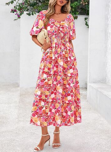 Okiwam Womens Summer Dresses 2025 Spring Floral Maxi Sundress Puff Sleeve Smocked Flowy Beach Vacation Wedding Guest Dress in Saudi Arabia