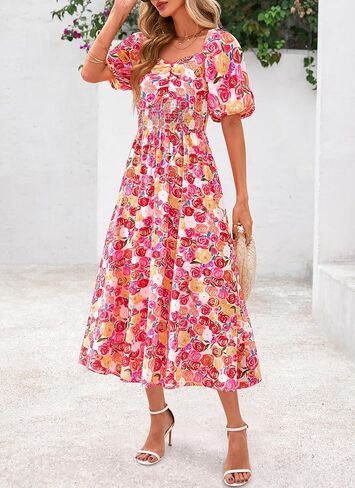 Okiwam Womens Summer Dresses 2025 Spring Floral Maxi Sundress Puff Sleeve Smocked Flowy Beach Vacation Wedding Guest Dress in Saudi Arabia