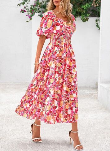Okiwam Womens Summer Dresses 2025 Spring Floral Maxi Sundress Puff Sleeve Smocked Flowy Beach Vacation Wedding Guest Dress in Saudi Arabia