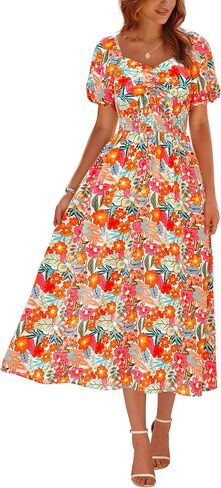 Okiwam Womens Summer Dresses 2025 Spring Floral Maxi Sundress Puff Sleeve Smocked Flowy Beach Vacation Wedding Guest Dress in Saudi Arabia
